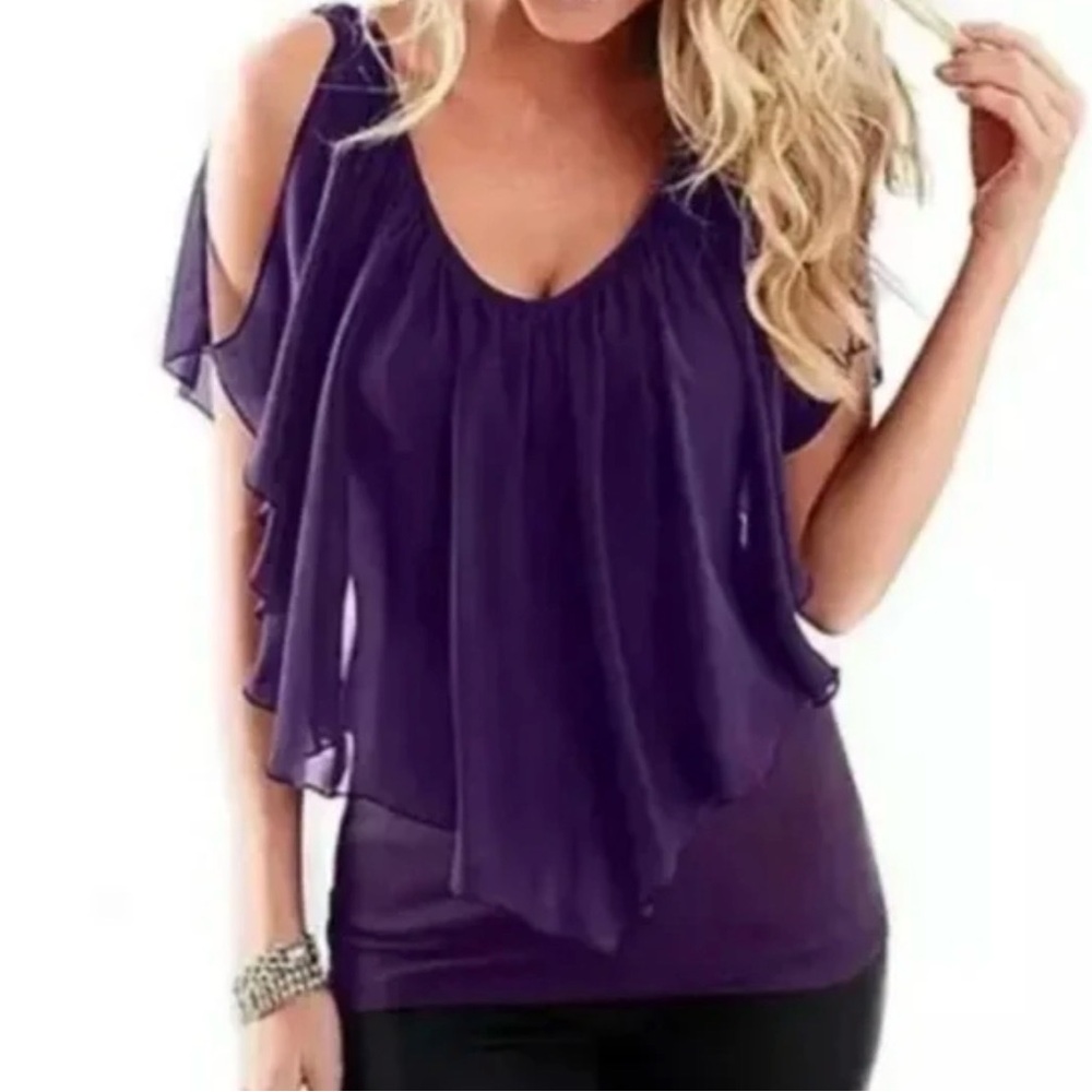 VENUS Eggplant Purple Women’s Chiffon Blouse Off Shoulder Soft Flowy Top Small